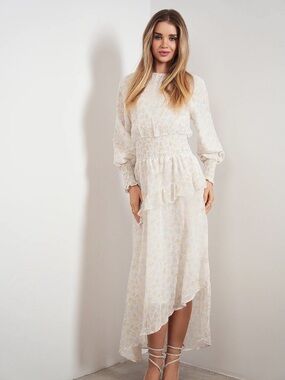 Smocked Waist Asymmetrical Midi Dress in Cream